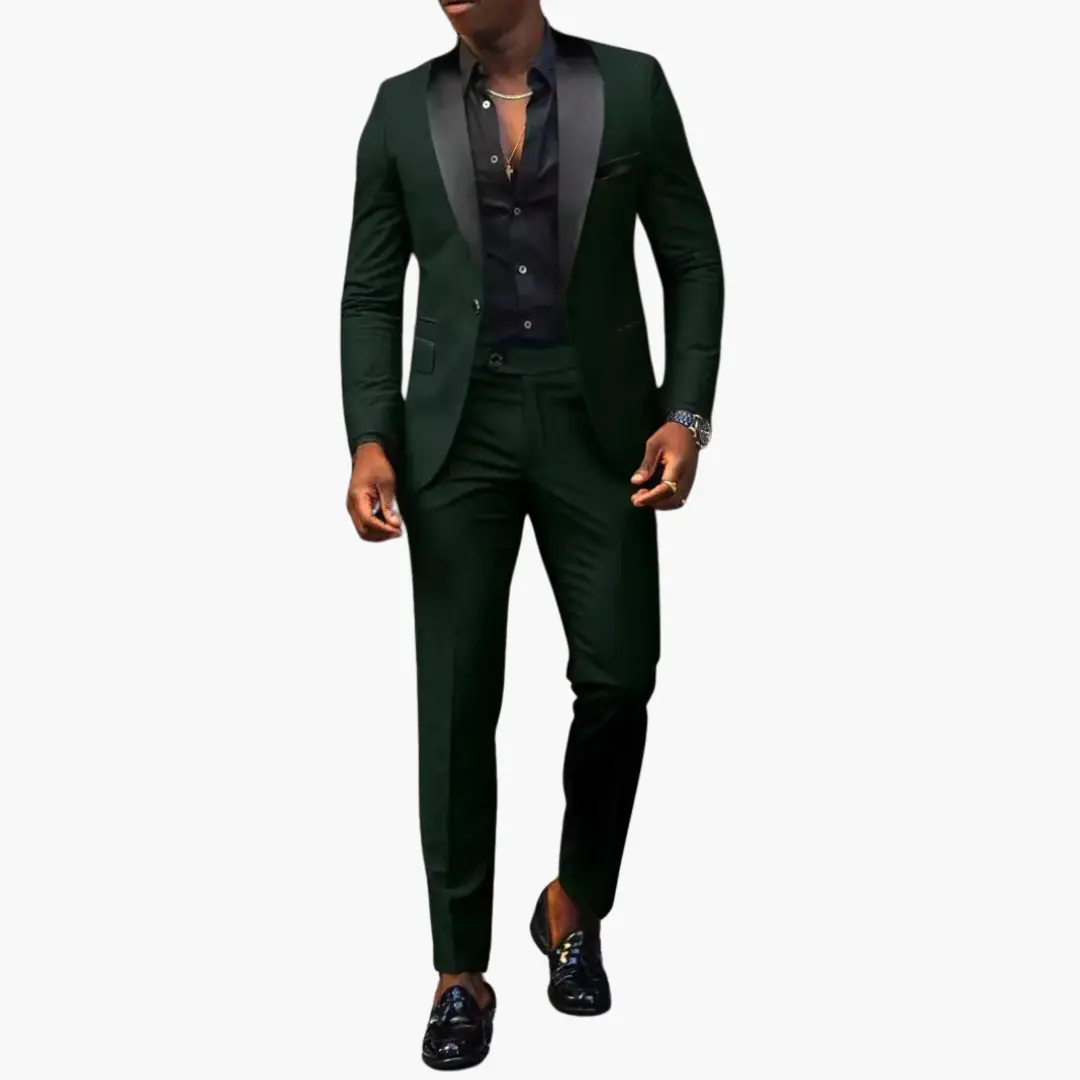 Two-piece wedding suit by Wilfred Smith in dark green with black satin lapels