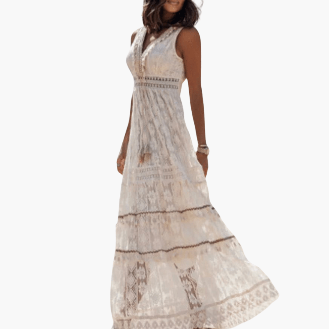 Maxi dress by Wilfred Smith in ivory lace, subtle Boho style long dress