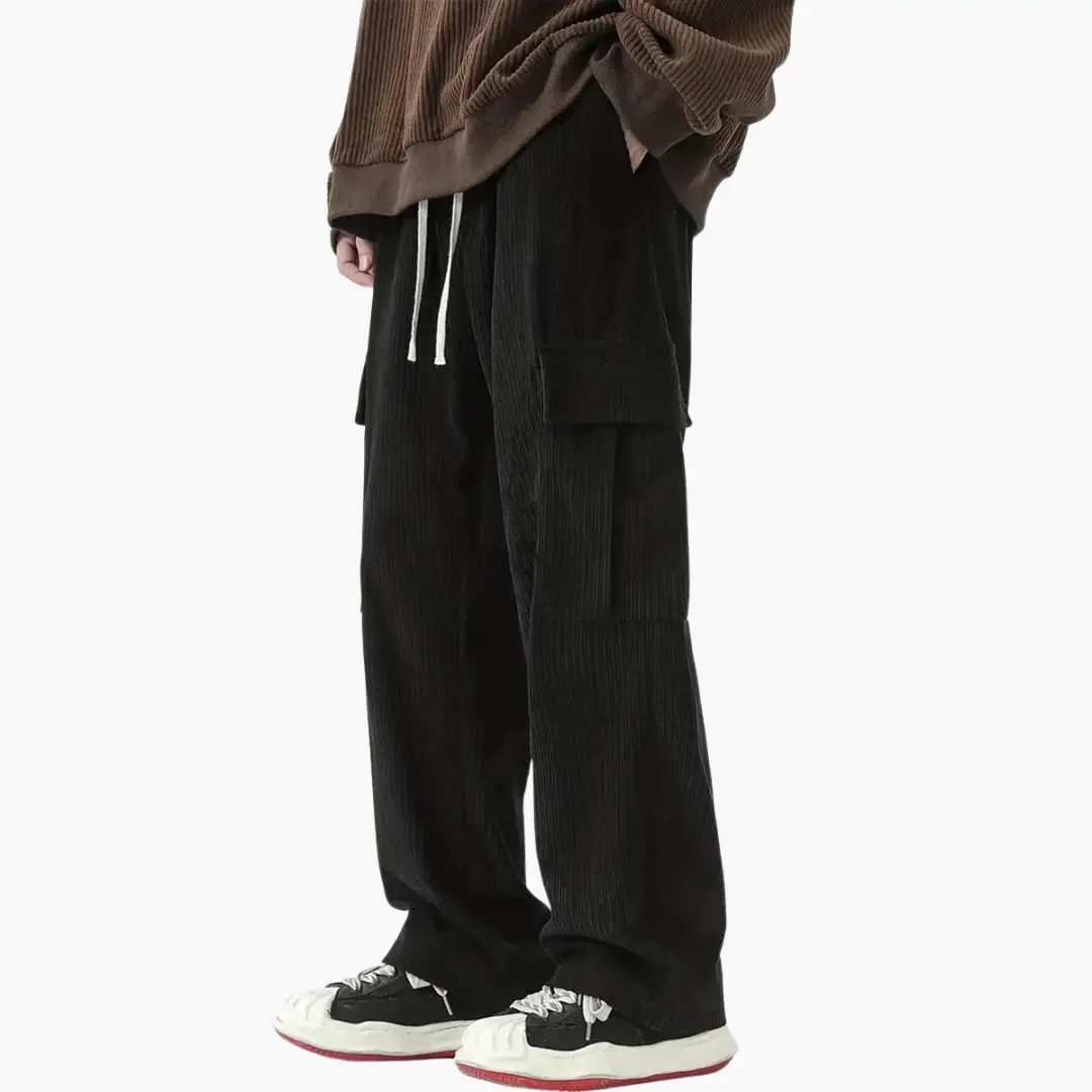 Men's corduroy pants with elastic waistband and side pockets in black