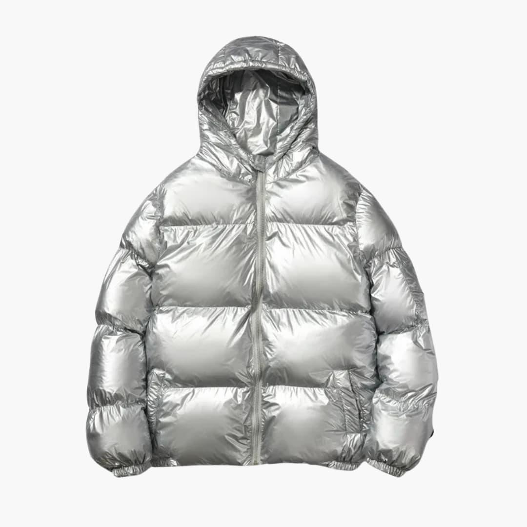 Women's shiny silver puffer jacket with hood, quilted warmth