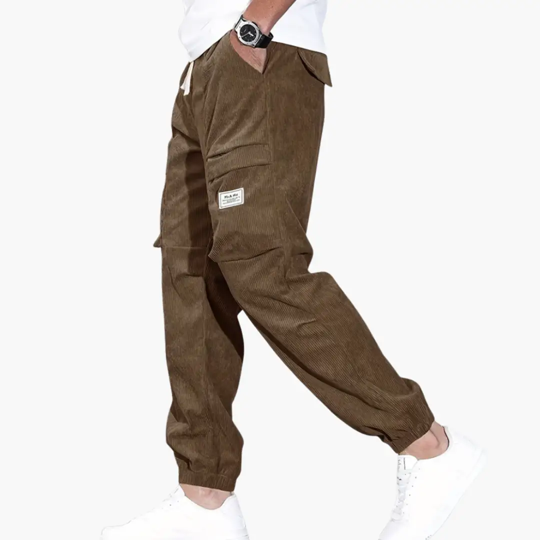Men's Wilfred Smith brown corduroy pants with waistband and side pockets