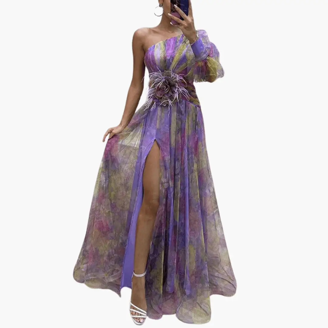 Elegant party dress by Wilfred Smith; purple floral tulle, one-shoulder with puff sleeve and high slit