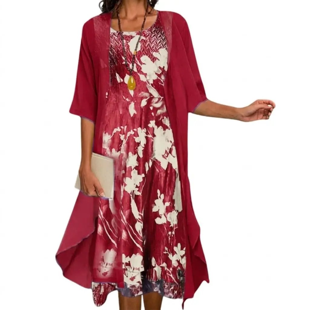 Women’s Floral Long Dress with Cardigan Set by Wilfred Smith, burgundy-red with cream floral print
