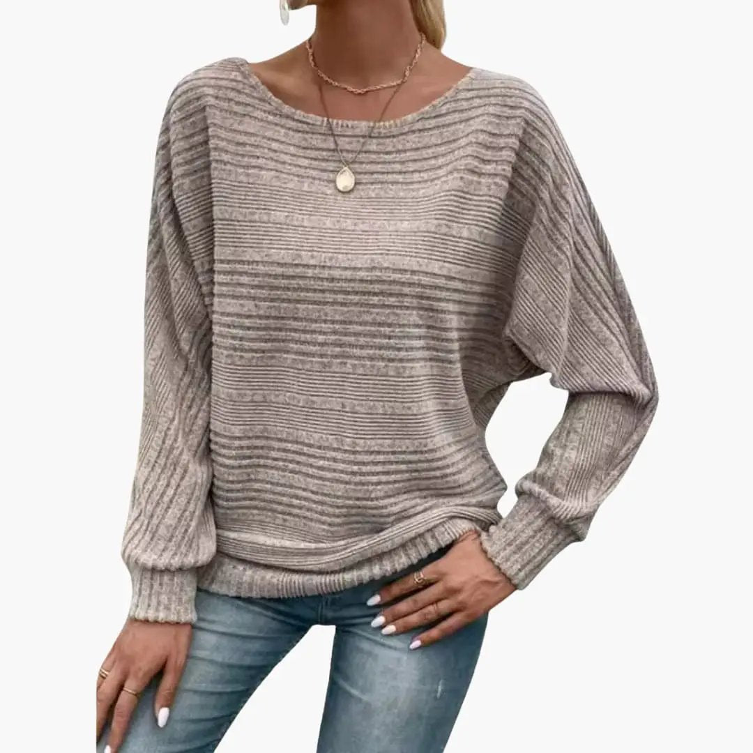 Women's striped knit sweater with boat neck in beige-gray, Wilfred Smith.