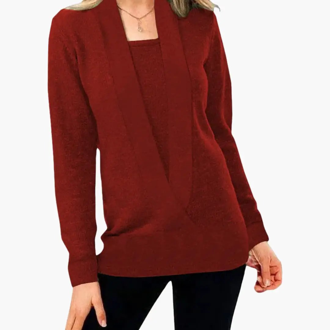 Women's red knit sweater by Wilfred Smith with deep V-neck and long sleeves