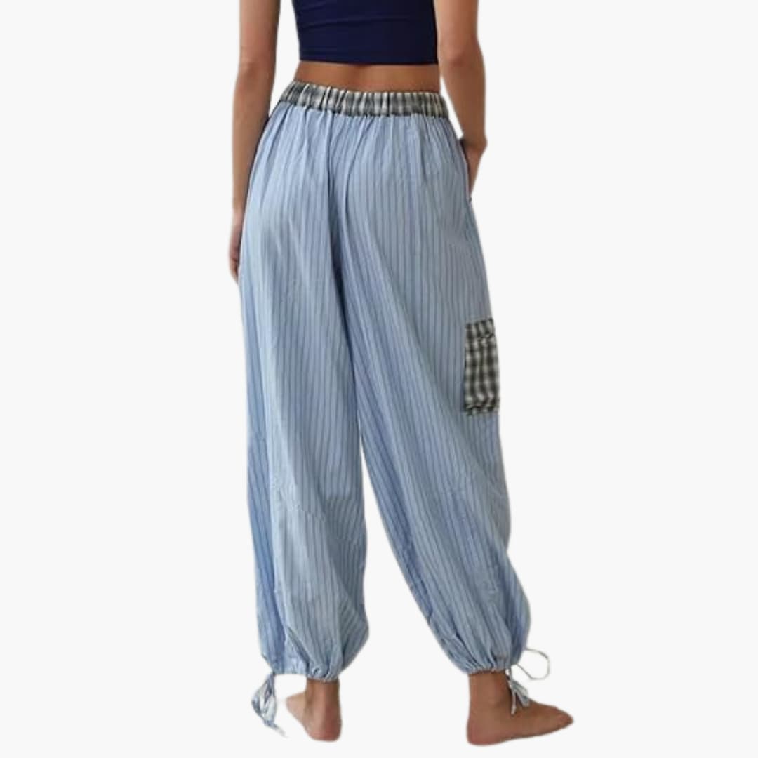 Women's Pajama Set with Button Top and Elastic Pants, striped blue pants with a checkered patch pocket (back view)