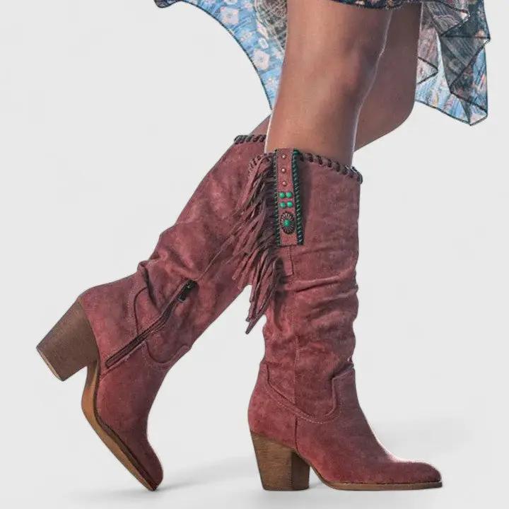 Women's orthopedic boots by Wilfred Smith in brown suede with fringe and studded trim, non-slip sole.