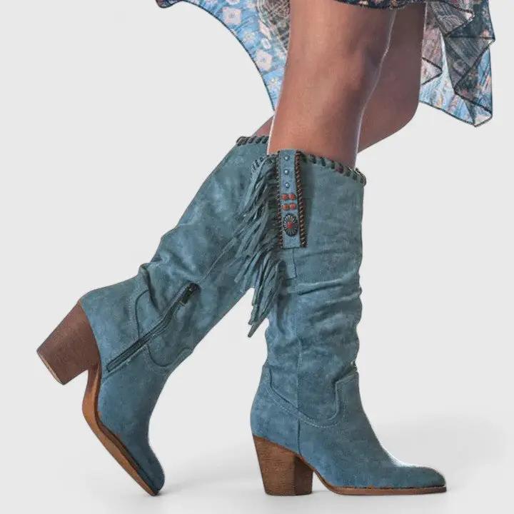 Women's orthopedic boots by Wilfred Smith in blue suede with fringe and a wooden block heel