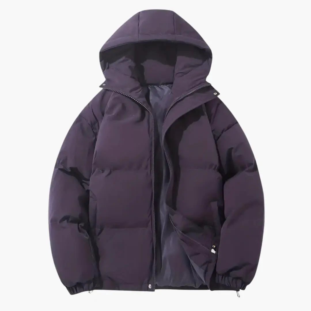 Women's hooded parka jacket by Wilfred Smith in purple with front zipper and exterior stitching