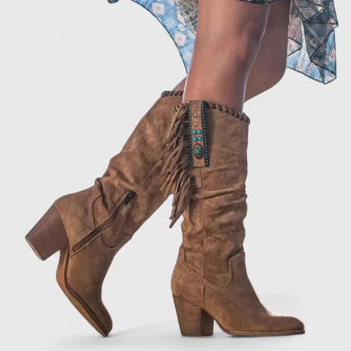 Women's orthopedic boots brown suede knee-high with fringe, turquoise studded strap, block heel.