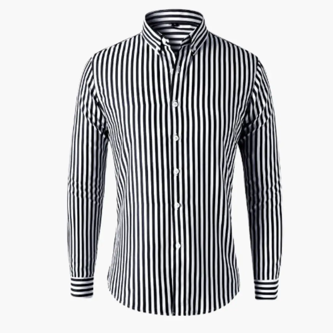 Striped long-sleeve shirt for men, Wilfred Smith, black and white vertical stripes, button-down casual shirt.