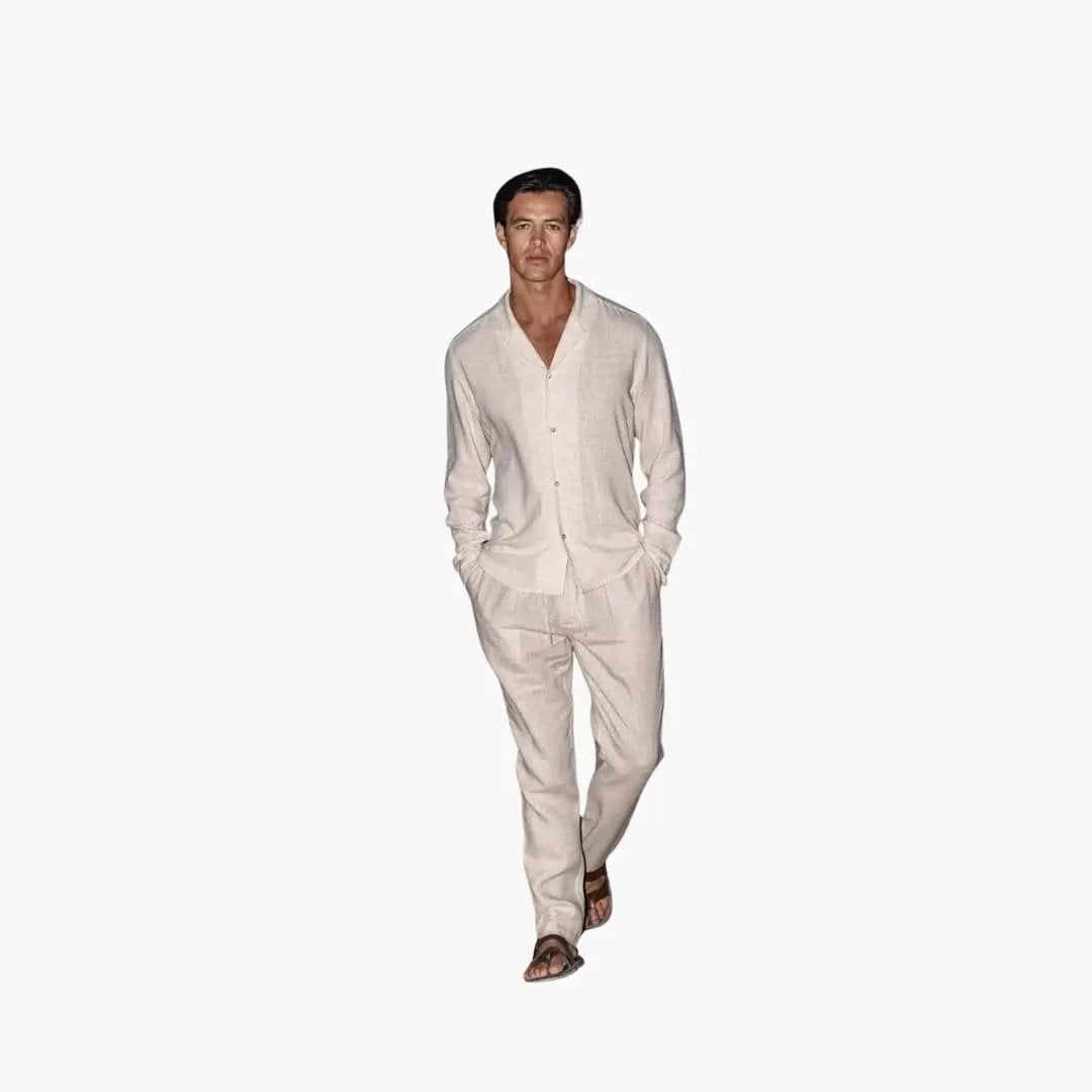 Men's beige linen-look long-sleeve shirt and pants two-piece set for spring/summer