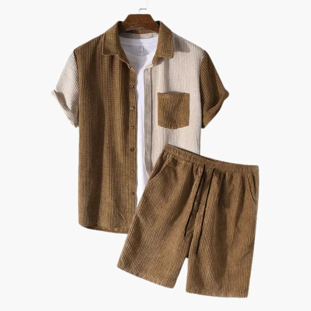 Men's two-piece waffle-texture shirt and shorts set in brown by Wilfred Smith