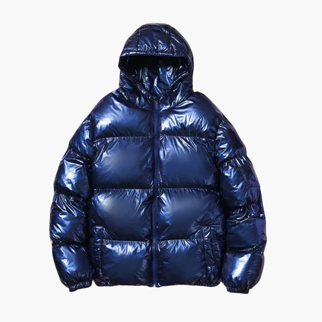 Puffer jacket by Wilfred Smith for women, shiny blue, hooded