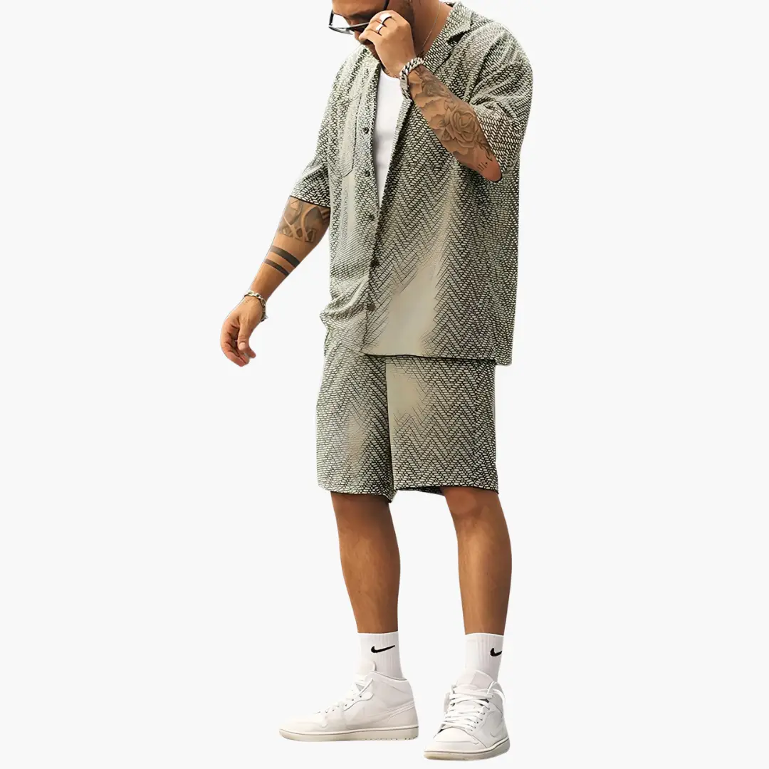 Men's Wilfred Smith summer two-piece set: light gray patterned short-sleeve shirt and matching shorts