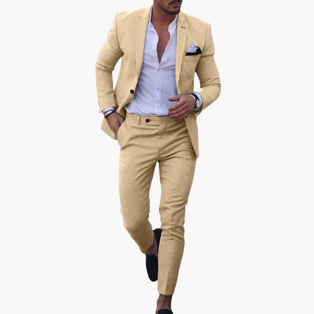 Men's beige wool-blend 2-piece suit with slim-fit blazer and matching trousers, formal business attire