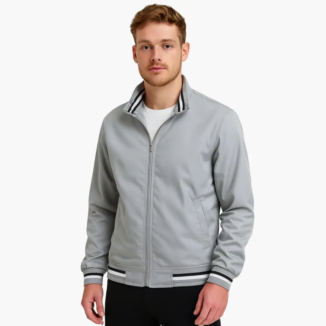 Men's bomber jacket by Wilfred Smith in light grey with front zipper and striped ribbed cuffs and hem