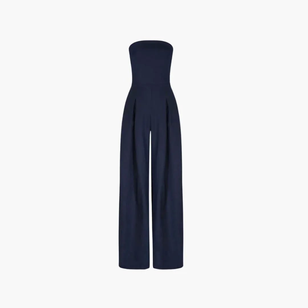 Jumpsuit for women by Wilfred Smith in navy blue, strapless with wide-leg trousers.