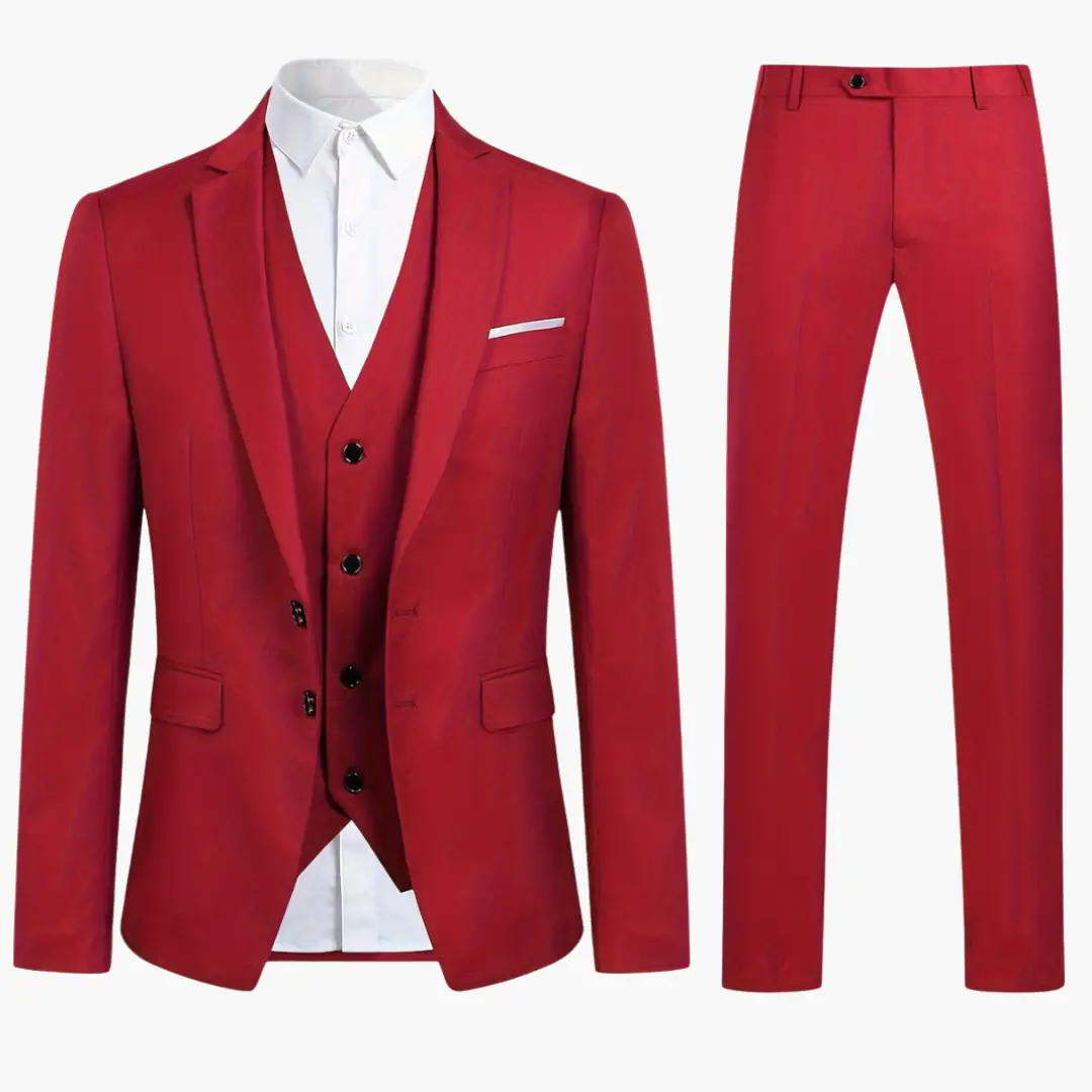 Wedding suit single-breasted by Wilfred Smith in red with vest, matching trousers, white shirt, pocket square.