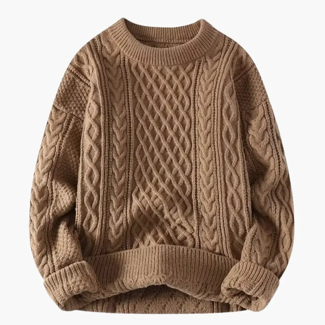 Women's round-neck cable-knit sweater in warm tan with a chunky knit texture