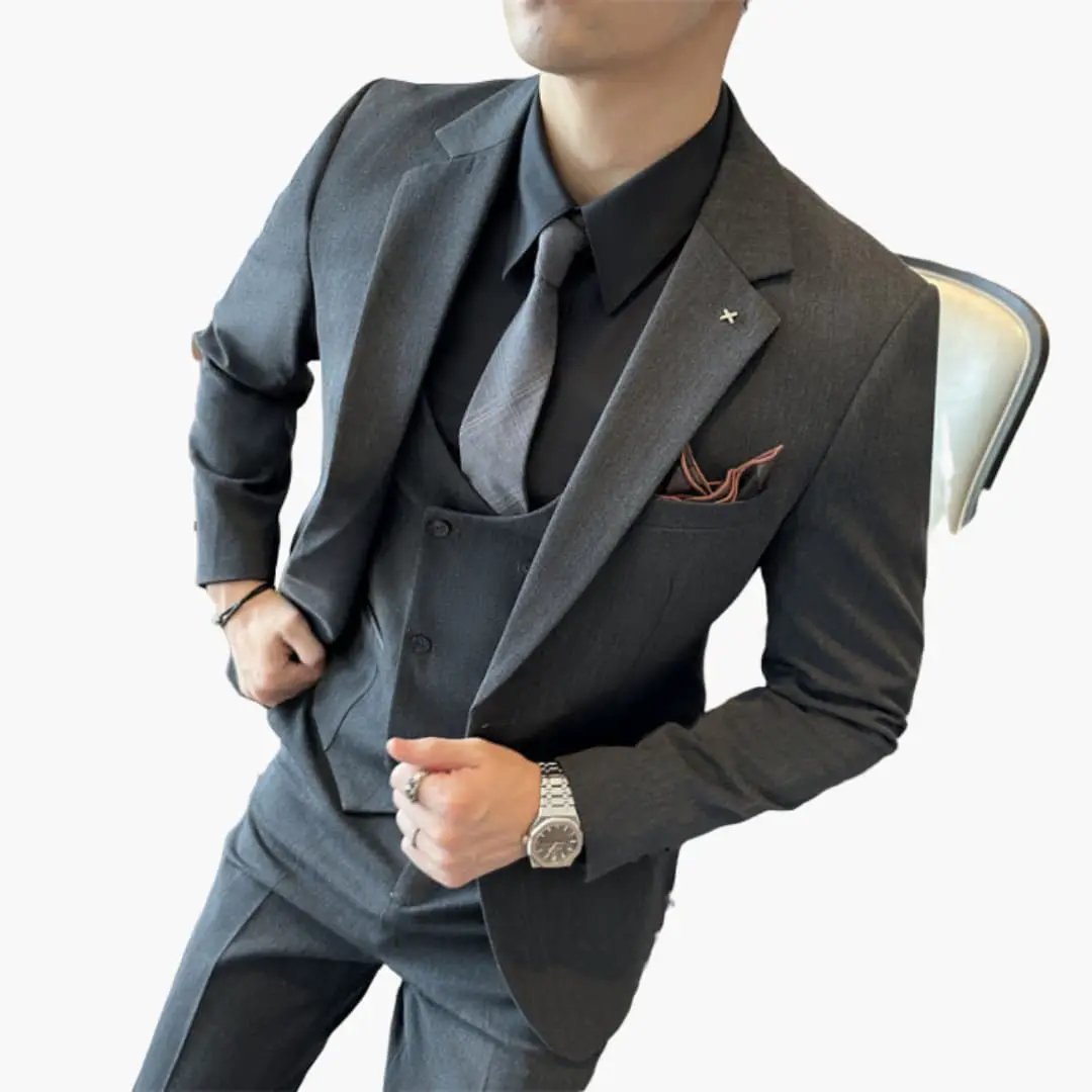 Three-piece men's suit set by Wilfred Smith in gray with notch lapel and vest