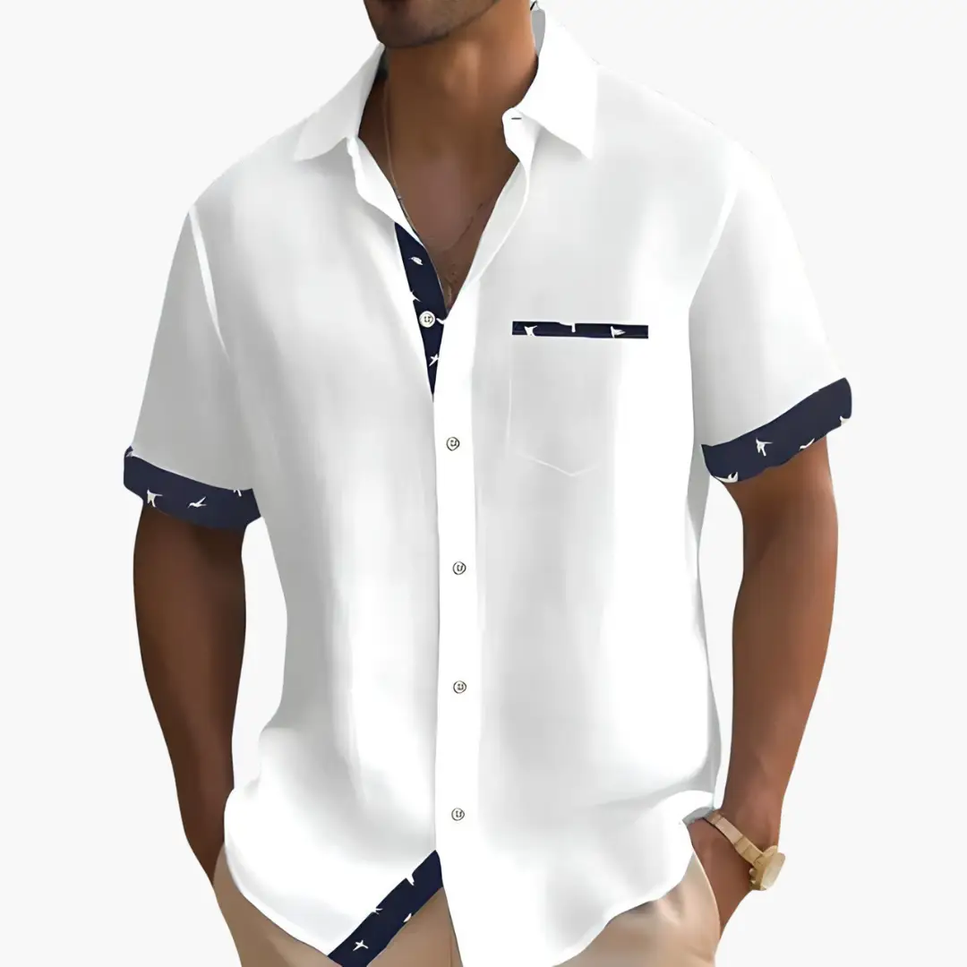 Modern Slim Fit Shirt for Men by Wilfred Smith, white short-sleeve with navy cuff trim and inner placket