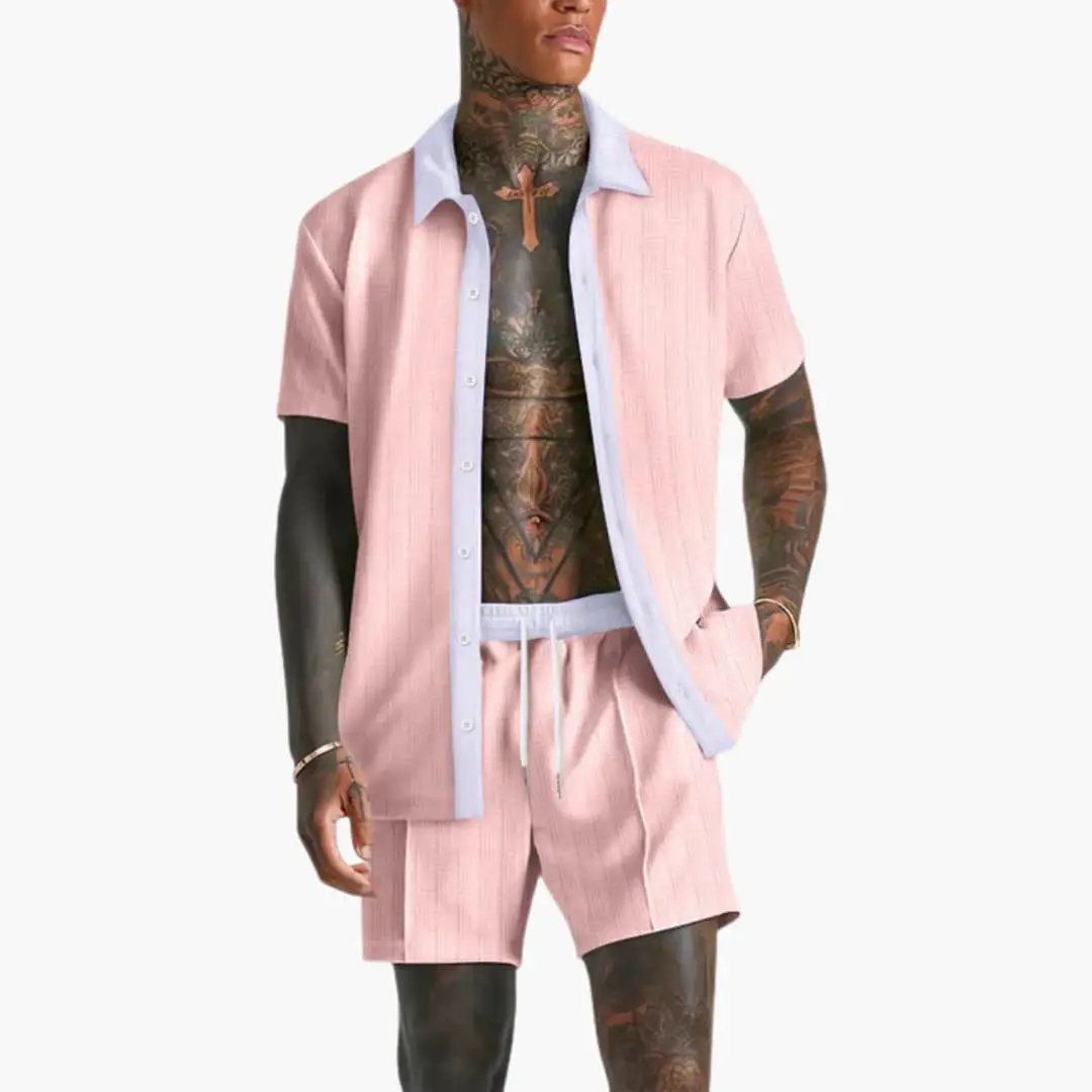 Men's pink short-sleeve shirt and drawstring shorts two-piece leisure set with light blue trim