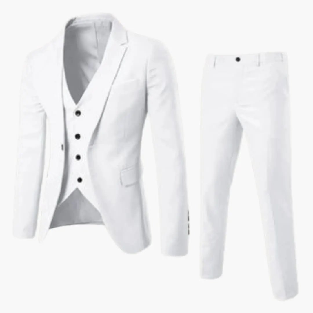 Three-piece white men's suit set with vest (jacket, waistcoat, trousers)