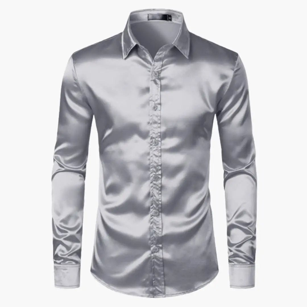 Light shirt for men in silver satin finish, long-sleeve button-down dress shirt for spring