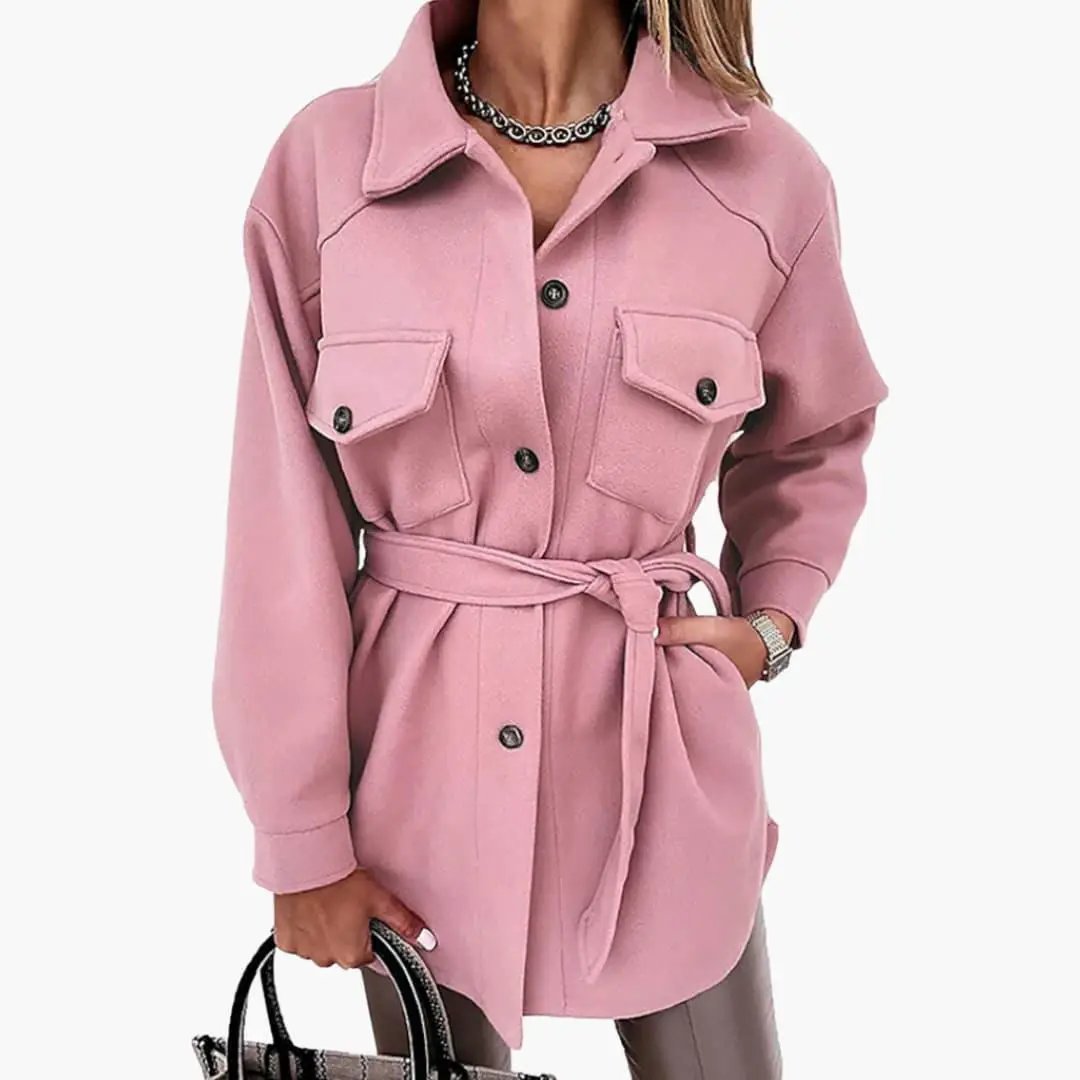 Women's jacket by Wilfred Smith, pink belted, button-front with chest pockets.