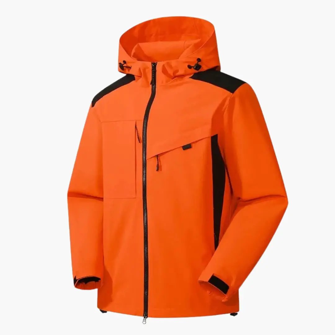 Men's ski jacket with hood in bright orange and black panels, featuring zipper pockets.