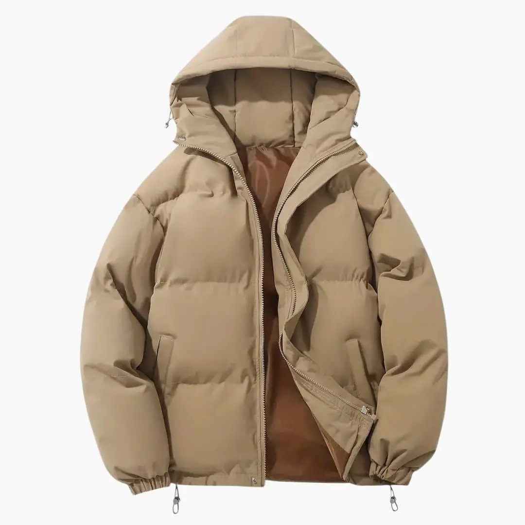 Women's beige puffer jacket with hood, front zipper and visible exterior stitching