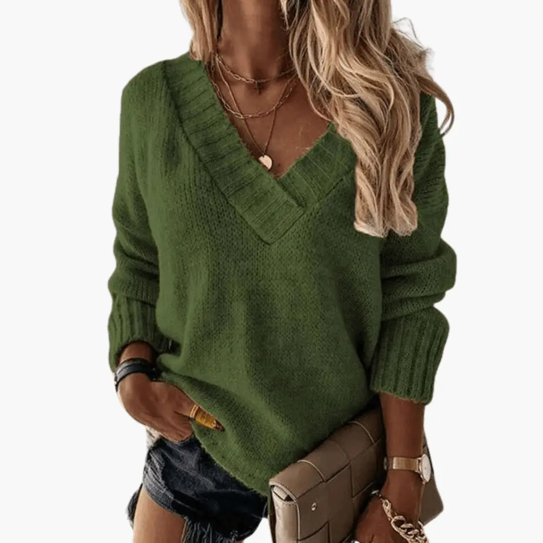 V-Neck knit sweater for women in green by Wilfred Smith; cozy chunky knit top