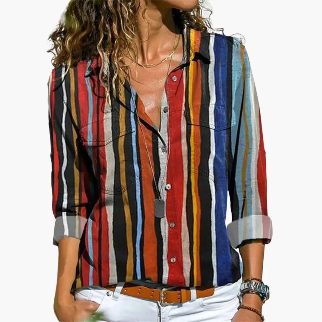 Flowy loose-fit women's striped button-down shirt in multicolor stripes with rolled cuffs