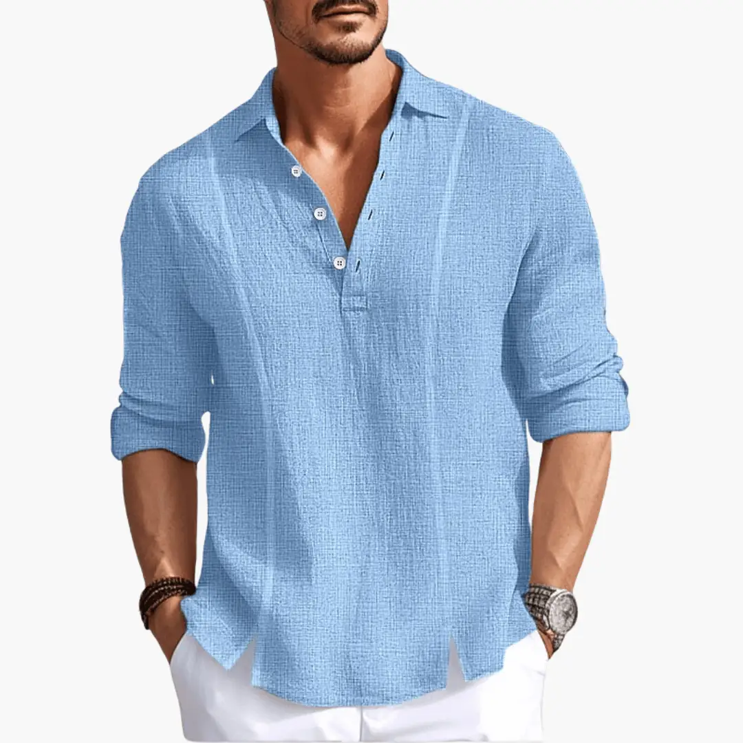 Men's light blue textured casual shirt with button placket and rolled sleeves