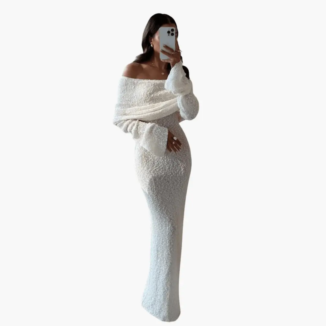 Women's off-shoulder knit maxi dress by Wilfred Smith in white textured fabric with matching shawl