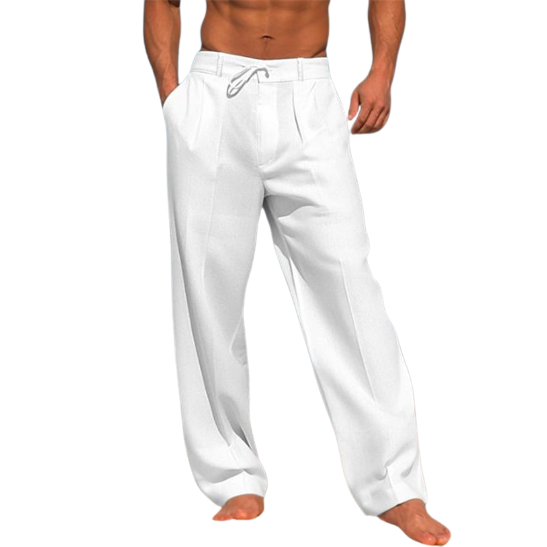 Men's Casual Pants with drawstring waist and side pockets, white Wilfred Smith trousers, relaxed fit.