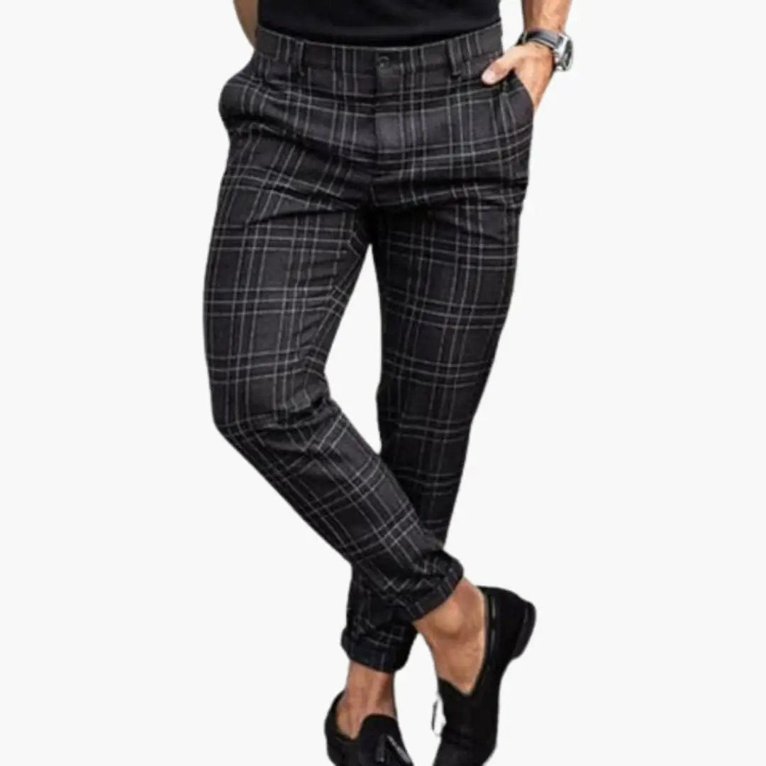 Men's slim-fit trousers with black check pattern and slim leg