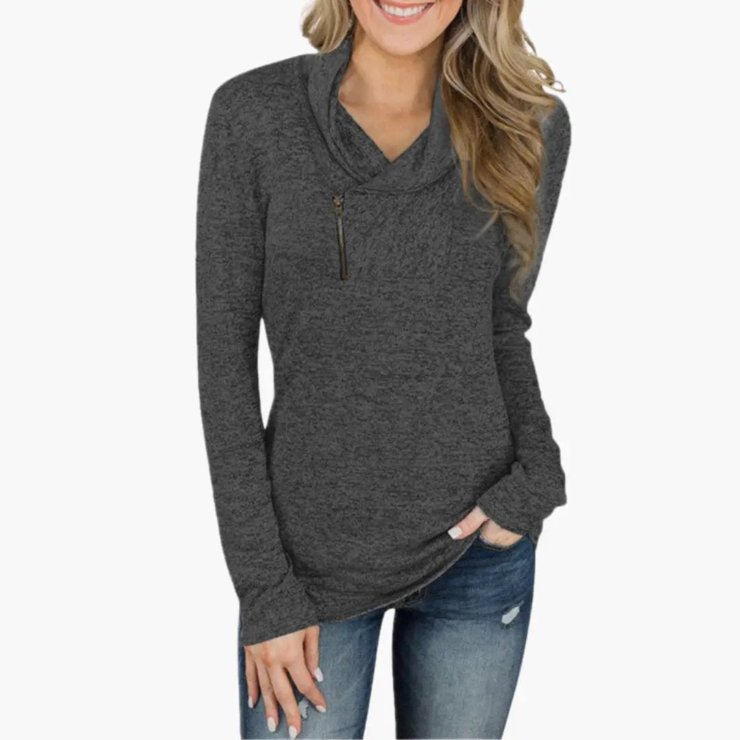Women's charcoal gray knit pullover with zip placket and cowl collar
