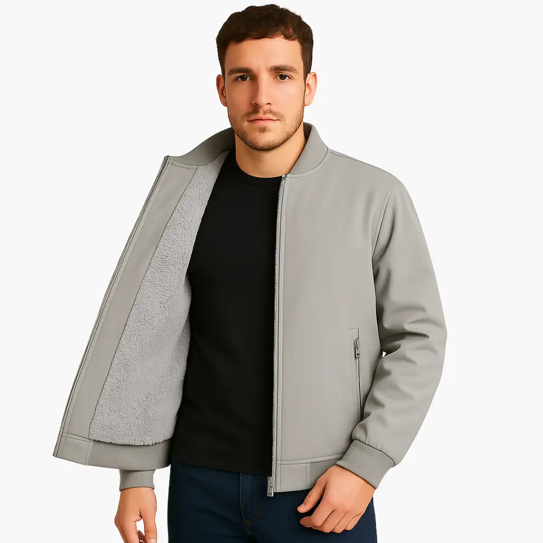 Men's bomber jacket by Wilfred Smith with zipper and fleece lining, light gray