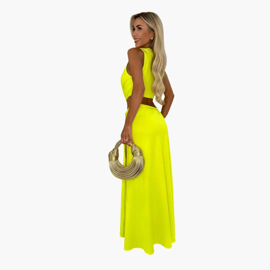 Sommerkleid Damen in neon gelb mit Cut-Out, V-Ausschnitt und Seitenschlitz.