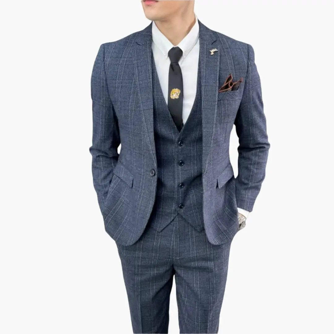 Men's three-piece Wilfred Smith blue plaid check suit set with jacket, waistcoat and trousers