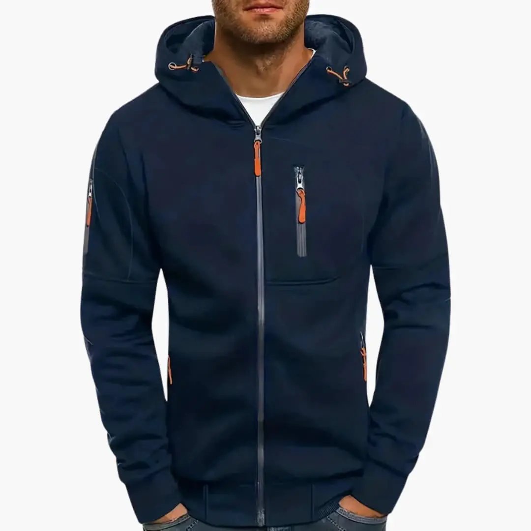 Men’s navy hooded jacket with orange zipper pulls, chest zip pocket and side pockets