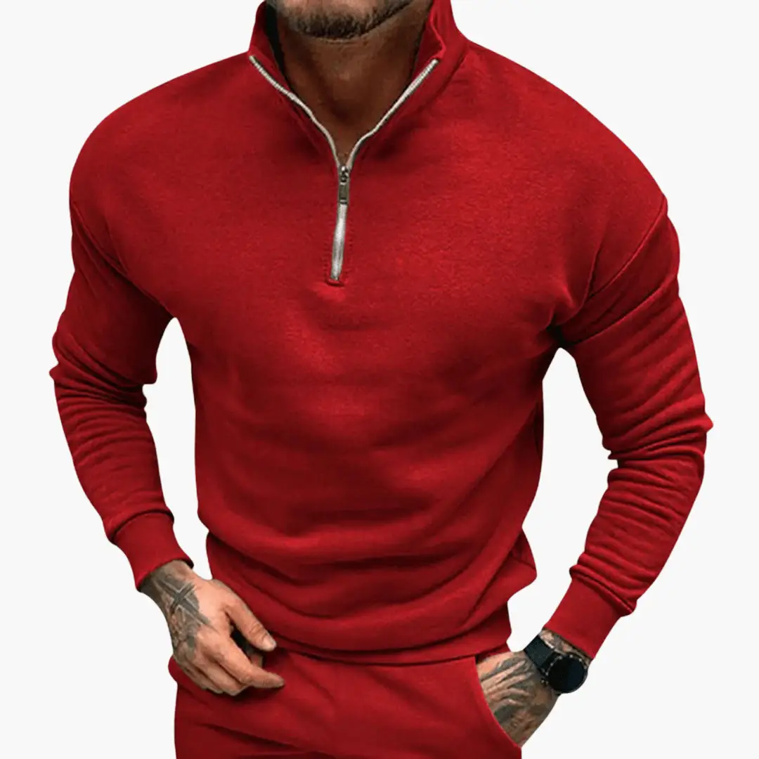 Men's red zip-up sweatshirt with a silver half-zip neckline and long sleeves.