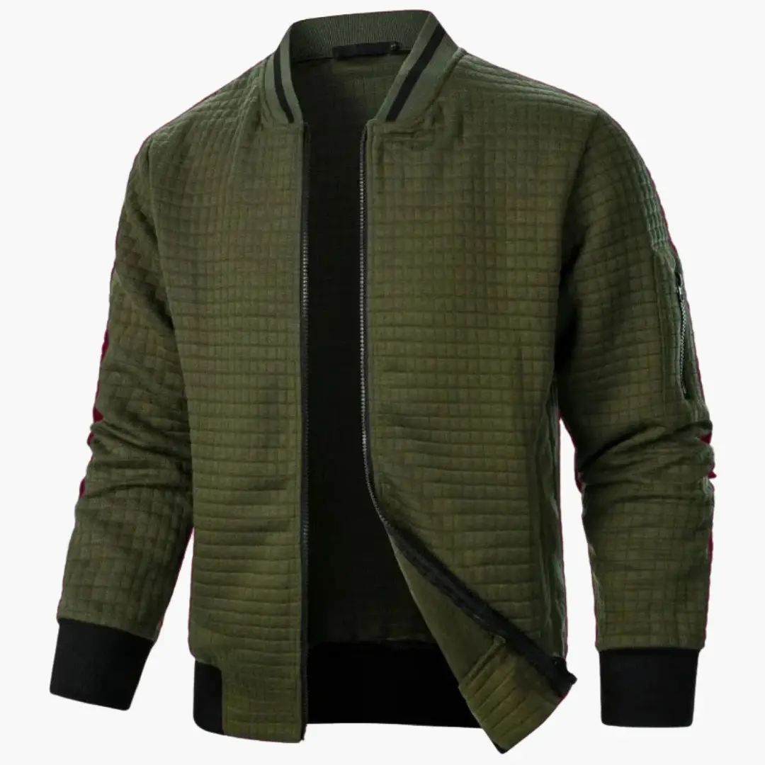 Men's olive green quilted bomber jacket with ribbed cuffs and zipper front by Wilfred Smith