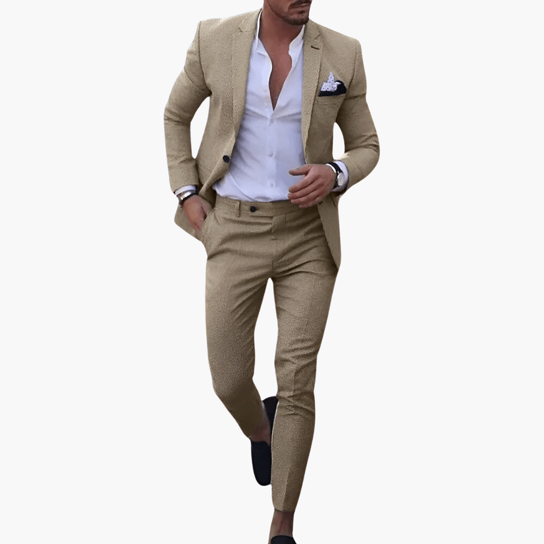 Men's summer suit set with beige jacket and slim trousers, two-piece