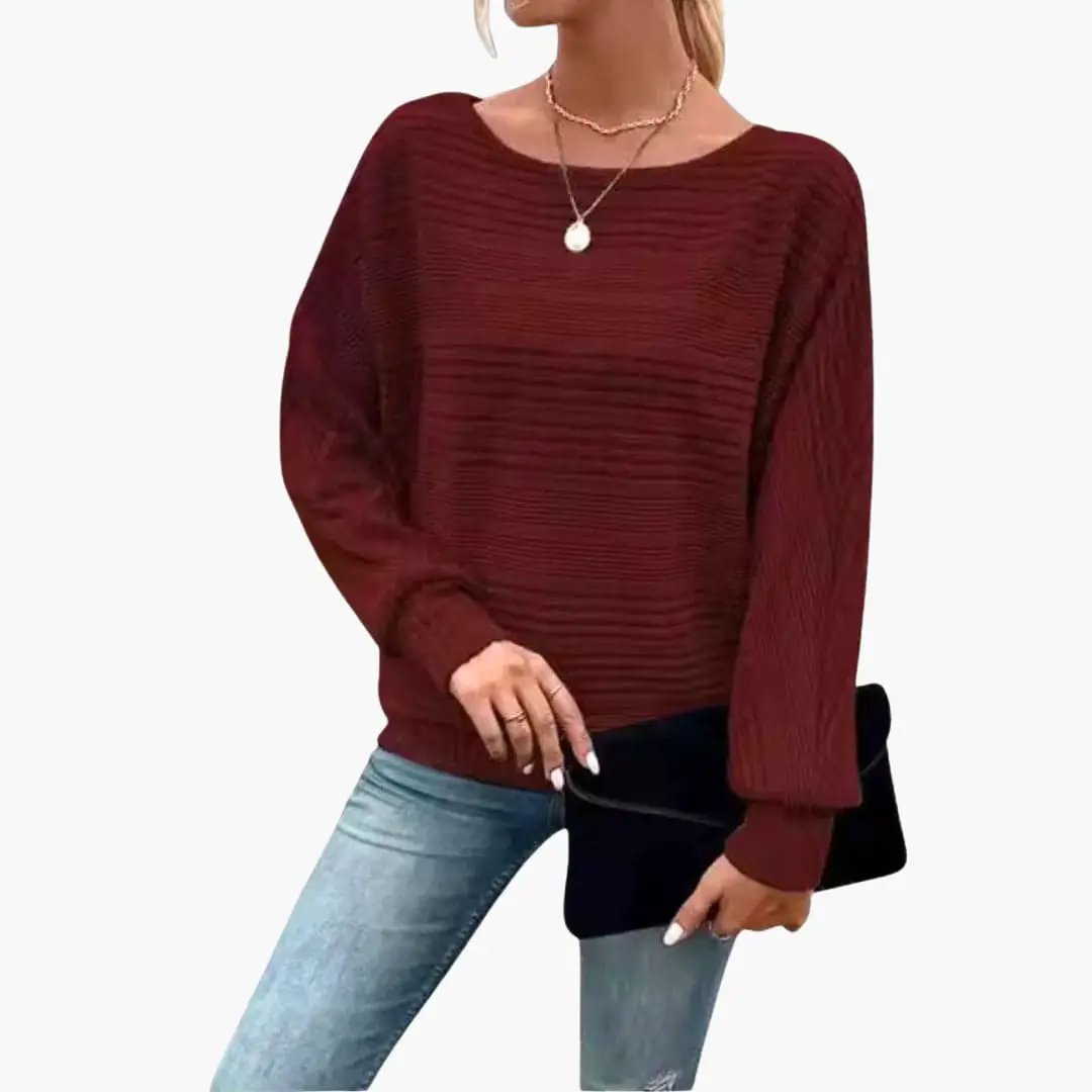 Women's burgundy striped knit sweater with boat neck by Wilfred Smith.