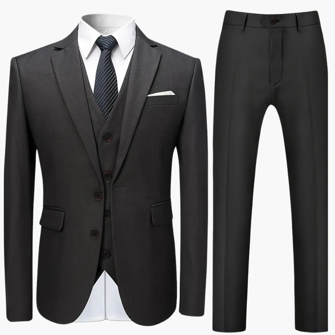 Wedding suit single-breasted by Wilfred Smith; dark gray three-piece set with jacket, waistcoat, and trousers.