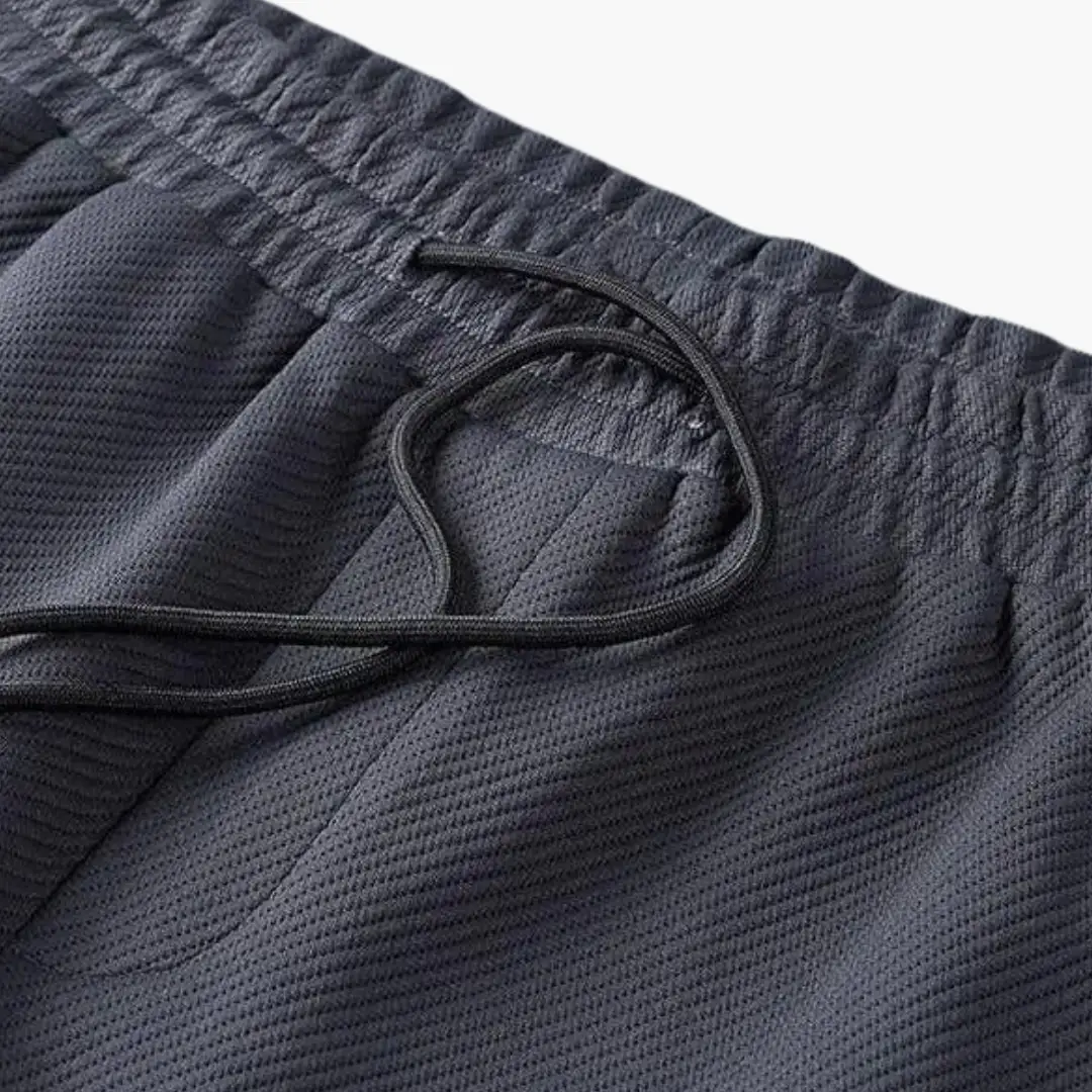 Men’s wedding suit pants with elastic waistband and drawstring in navy fabric