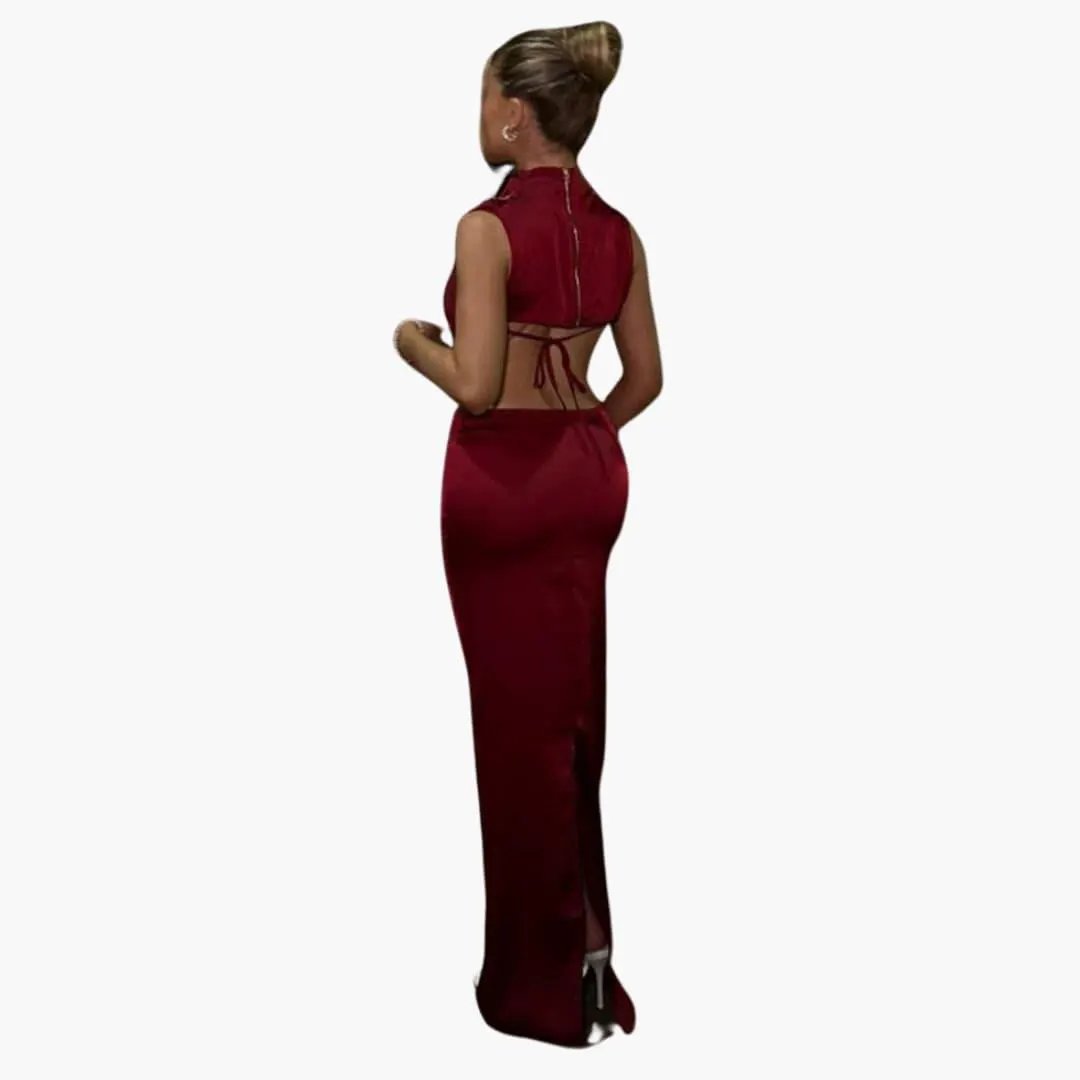Elegant satin two-piece set – burgundy blouse & pants with back-tie detail